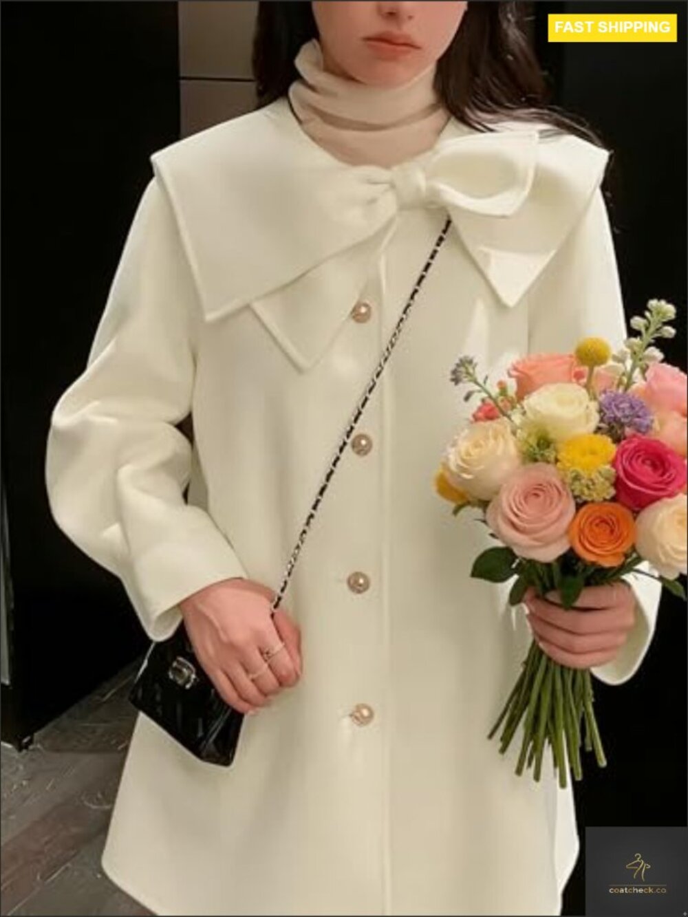 Classic Wool Pea Coat with Bow Detail Lapel Collar Single Breasted Long Sleeve - Picture 6 of 6